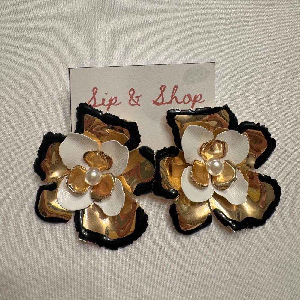 Black, Gold, & White Floral Statement Earrings - Lightweight Boutique Earrings